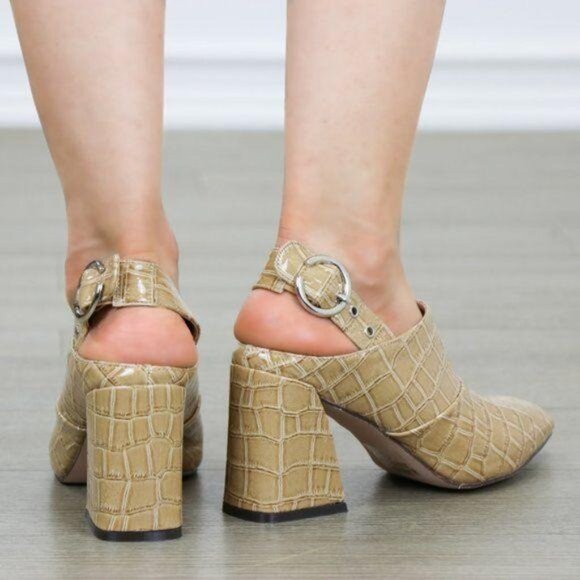 New Pointed Toe Croc-Embossed Block Heel Slingback Sandals Mules Chic & Elegant - Picture 6 of 8